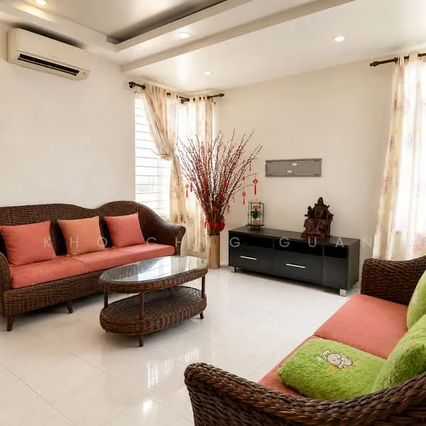 Living features: 2-seater rattan sofa with orange cushions, 3-seater rattan sofa with orange cushions, glass coffee table, black TV console, decorative plant arrangement, curtains with floral pattern, white painted walls, recessed ceiling lights, wall-mounted air conditioning unit, tile flooring; style: contemporary.