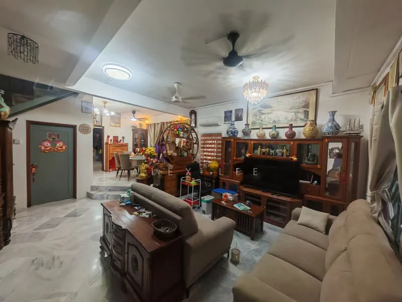 Living features: sofa in beige fabric, wooden coffee table, TV console with decorative items, wall-mounted TV, chandelier, ceiling fan with light, marble flooring, decorative vases on shelves, artwork on walls, open layout to dining area, various decorative items, large window with curtains; style: traditional.