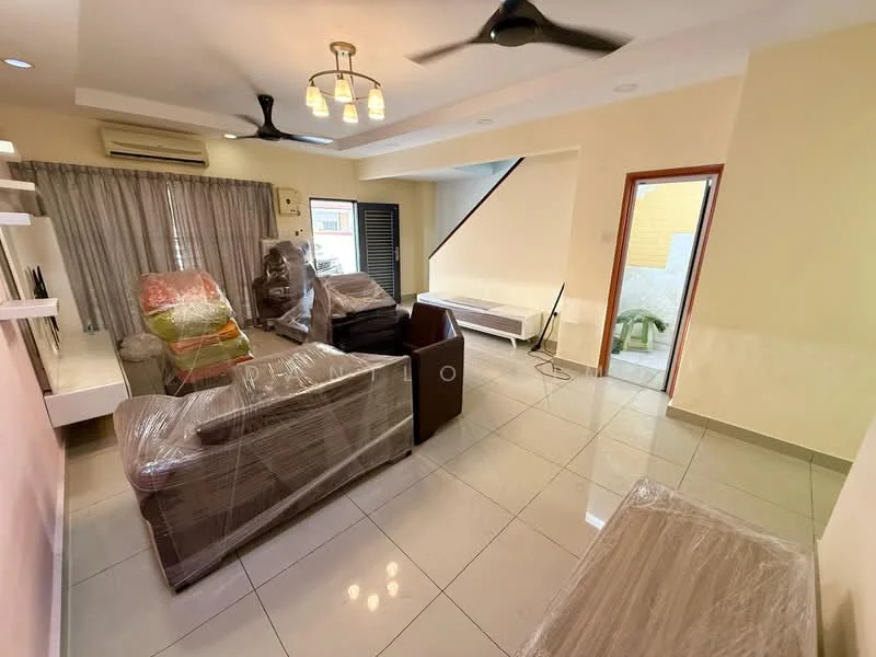 Living features: cream painted walls, white ceiling, 5-blade ceiling fan with light, recessed downlights, glossy ceramic tile flooring, sofa wrapped in plastic, coffee table wrapped in plastic, TV console, curtains, large window with view to outside, staircase visible in background; style: modern.