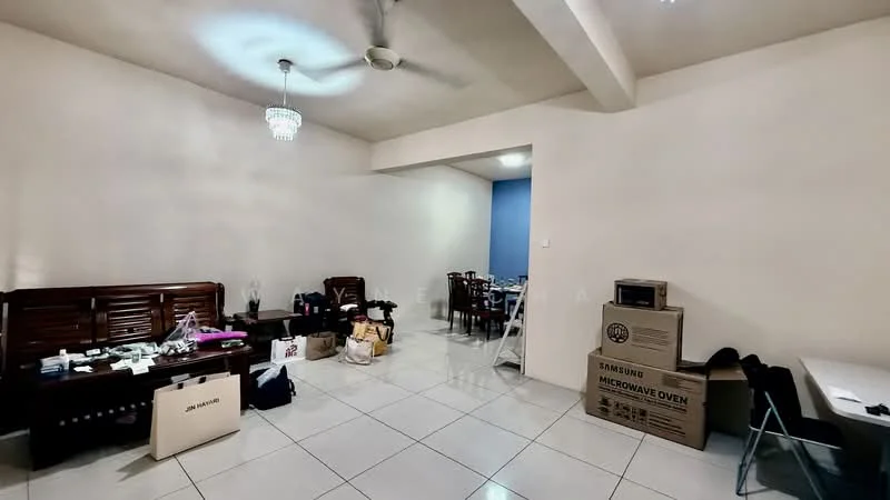 Living features: white painted walls, glossy white tile flooring, ceiling fan, chandelier, wooden sofa set, dining table with chairs, boxes and miscellaneous items, microwave oven, decorative items on furniture.