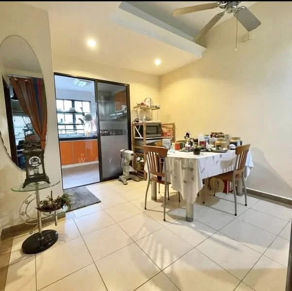 Dining features: dining table with white tablecloth, 4 wooden dining chairs, ceiling fan, tile flooring, wall-mounted mirror, decorative plant on stand, open access to kitchen, sliding glass door, light-colored painted walls, kitchen visible in background; style: modern.