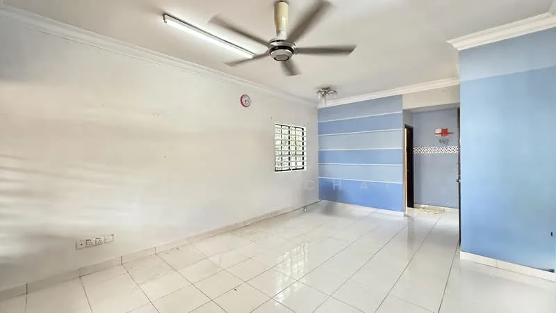Room features: white painted walls, light blue accent wall, white ceiling, 5-blade ceiling fan, ceramic tile flooring, window with security bars, light switch, doorway leading to another room; style: modern.