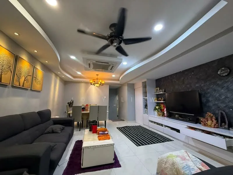 Living features: 5-blade ceiling fan with light, recessed downlights, wall-mounted TV, white TV console, decorative wall with dark accent, grey sofa, coffee table, area rug with geometric pattern, framed artwork on walls, dining area visible in background, ceiling with curved design, air conditioning unit; style: modern.