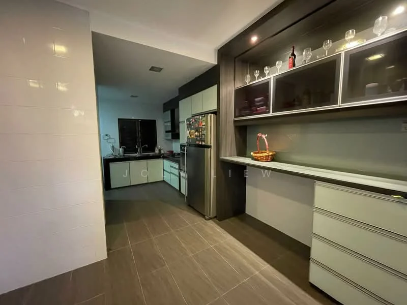 Kitchen features: grey cabinetry, white upper cabinets, stainless-steel fridge, built-in countertop with storage, glass-front upper cabinets, tile backsplash, ceramic tile flooring, recessed downlights; style: modern.