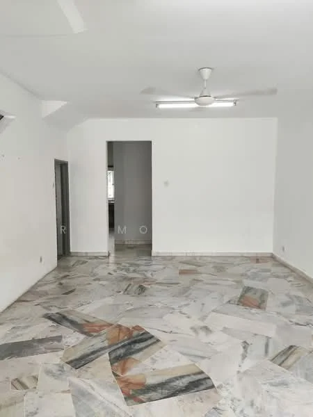 Room features: white painted walls, marble flooring with mixed patterns, ceiling fan, recessed lighting, doorway leading to another room; style: modern.