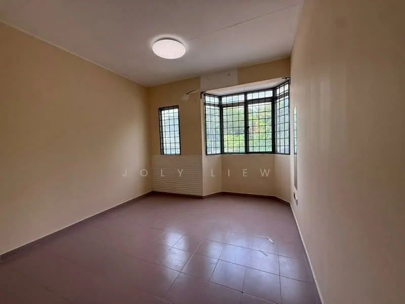 Room features: cream painted walls, brown tiled flooring, large corner windows with grid pattern, ceiling light fixture, radiator heating unit, natural light from windows; view: garden.