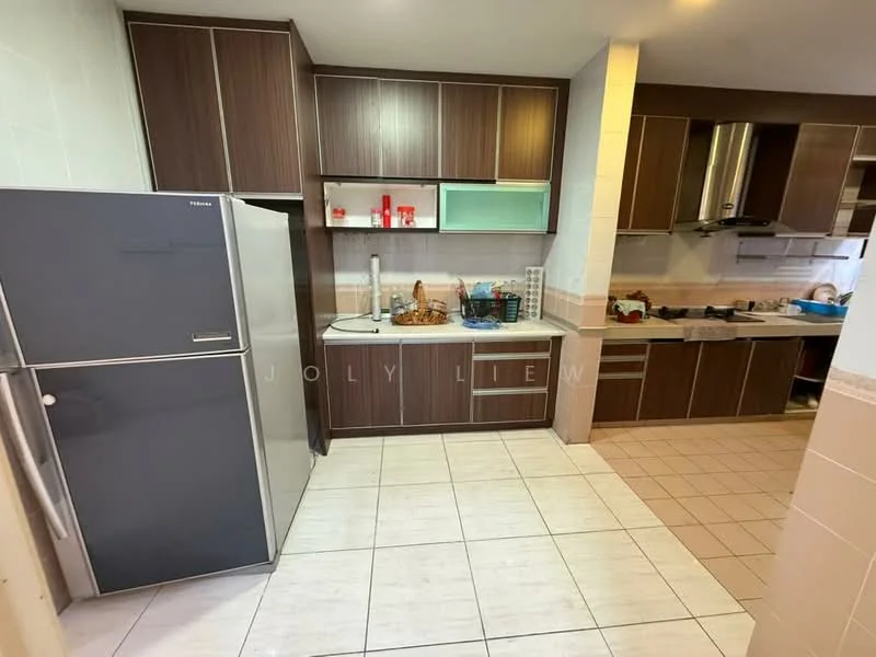 Kitchen features: dark wood cabinetry, white countertop, single-bowl stainless-steel sink, chrome pull-down faucet, built-in oven, freestanding range oven, stainless-steel fridge, ceramic tile flooring, wall-mounted cabinets, open shelving, kitchen island, tile backsplash; style: modern.