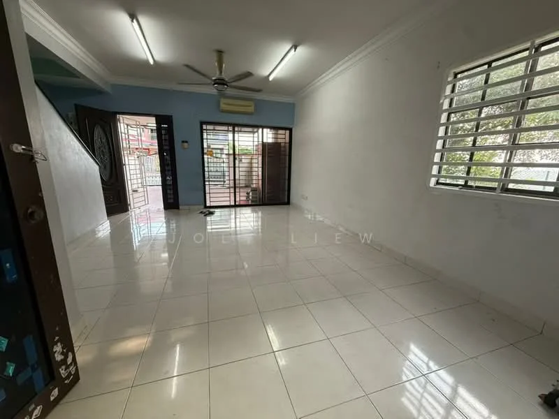 Living features: white painted walls, glossy white tile flooring, 5-blade ceiling fan with light, sliding glass door, floor-to-ceiling windows, window with horizontal slats, natural light from windows, open layout; style: modern; view: garden.