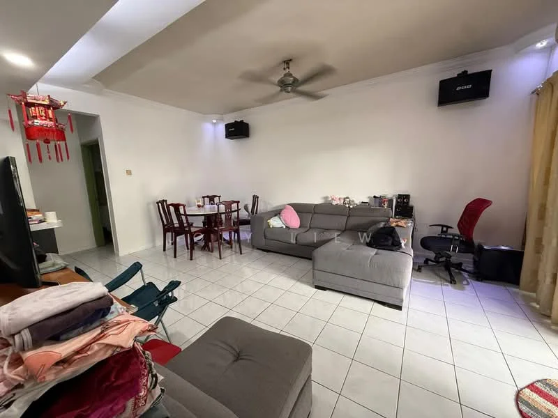 Living features: grey fabric sectional sofa, 3-seater grey fabric sofa, coffee table, dining table with 4 chairs, ceiling fan, wall-mounted speakers, TV console, white painted walls, tile flooring, curtains, decorative wall hanging, area rug; style: modern.