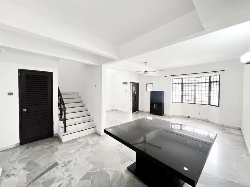 Living features: marble flooring, white painted walls, ceiling fan, large windows with grid pattern, black dining table, staircase with wooden railing, open layout, natural light; style: modern. Room features: white painted walls, marble flooring, staircase, natural light.