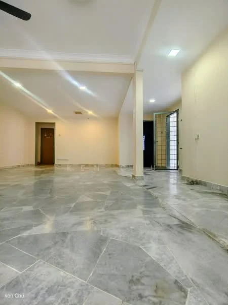 Room features: marble flooring, cream painted walls, recessed downlights, large windows, open layout, door leading outside, corner space, neutral color scheme; style: modern.