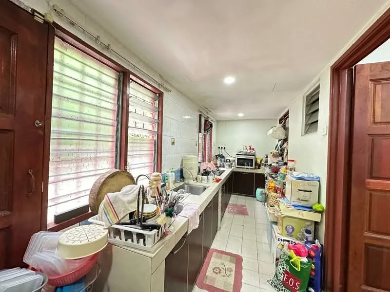 Kitchen features: double-bowl stainless-steel sink, chrome pull-down faucet, laminate countertop, white tiled backsplash, wood cabinetry, ceramic tile flooring, recessed downlights, window with metal grille, kitchen appliances visible, open shelving, various kitchen utensils and containers.