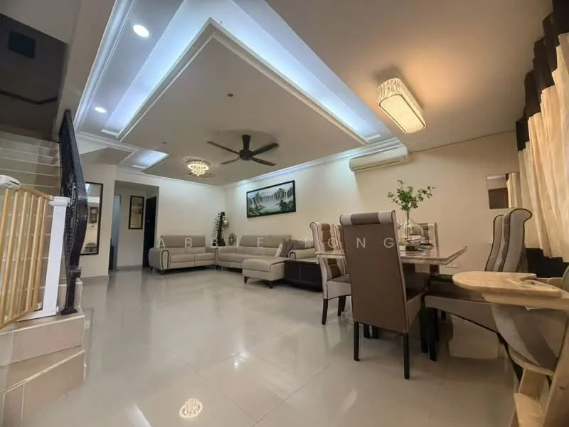 Living features: cream painted walls, white ceiling with recessed lighting, 5-blade ceiling fan with light, chandelier, large framed artwork on wall, L-shape sectional sofa in light grey, coffee table, dining table with upholstered chairs, tile flooring, curtains with sheer and blackout layers, decorative plant on dining table; style: modern.