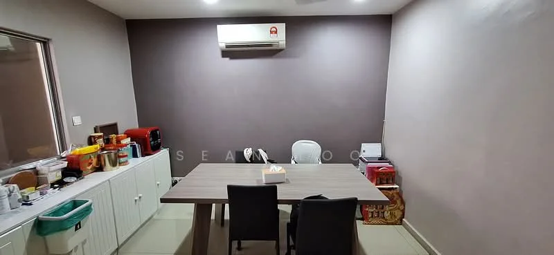 Room features: grey accent wall, white painted walls, tile flooring, 1 wall-mounted split AC, rectangular wooden dining table, 4 black dining chairs, kitchenette area with cabinets, countertop with appliances, waste bin, refrigerator, microwave, toaster; style: modern.