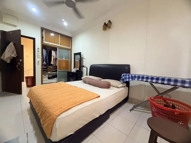 Bedroom features: queen-size bed with beige bedding, upholstered headboard, wooden wardrobe with sliding doors, mirror on dresser, ironing board with checkered cover, red laundry basket, ceiling fan, white painted walls, tile flooring, door leading to hallway; style: modern.