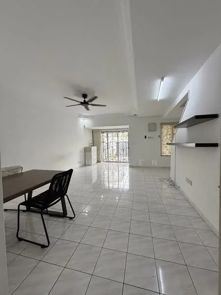 Living features: white painted walls, glossy white tile flooring, 5-blade ceiling fan, floor-to-ceiling windows, sliding glass door, black dining table, black folding chair, air conditioning unit, curtains, light fixtures; style: modern.
