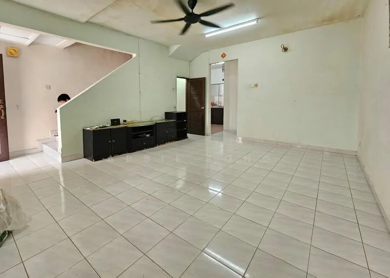 Living features: white painted walls, glossy white tile flooring, ceiling fan, built-in cabinetry, staircase leading to upper floor, natural light from windows, open layout, neutral color scheme; style: modern.