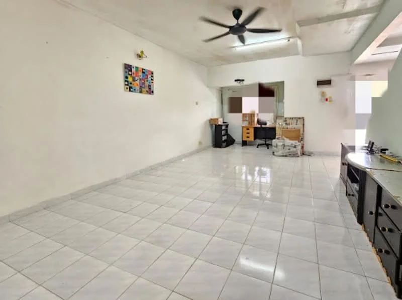 Room features: white painted walls, plain ceiling, ceiling fan, glossy white tile flooring, large open space, natural light from windows, minimalist decor, furniture including a desk and cabinets; style: minimalist.