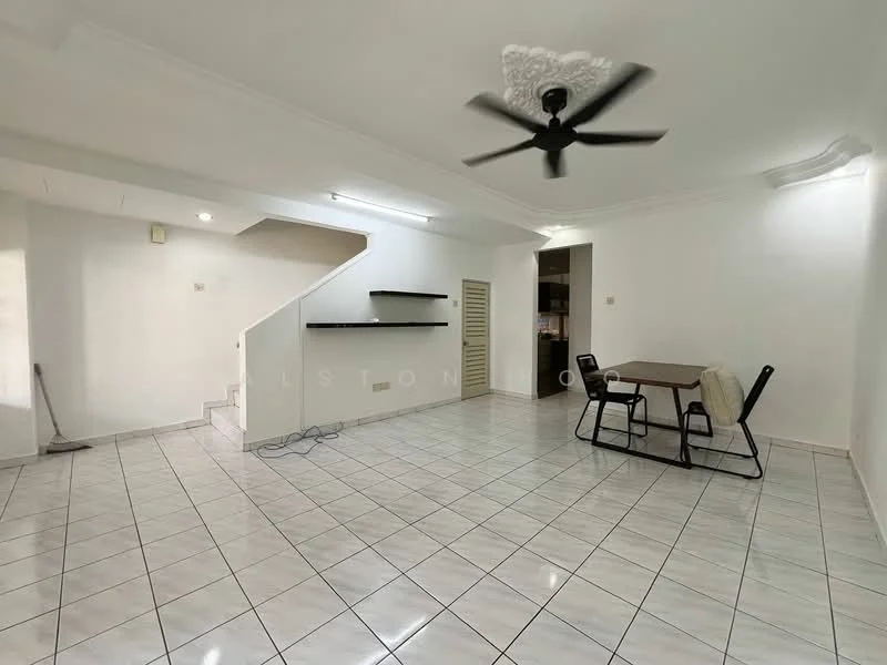 Living features: white painted walls, glossy white tile flooring, 5-blade ceiling fan with light, dining table with four chairs, staircase with white railing, open layout, wall-mounted shelving, recessed lighting; style: modern.