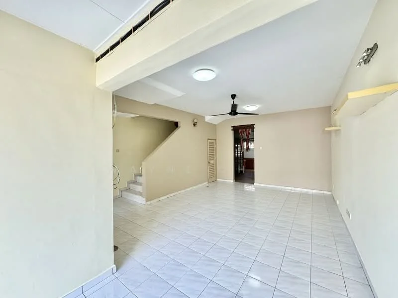 Living features: white painted walls, white tiled flooring, 5-blade ceiling fan, recessed downlights, staircase leading to upper floor, open layout, wall-mounted shelves, large windows for natural light; style: modern. Room features: white painted walls, white tiled flooring, 5-blade ceiling fan, recessed downlights.