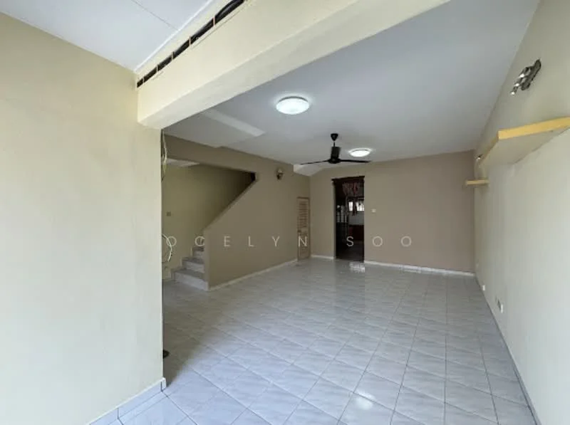 Living features: cream painted walls, white tiled flooring, ceiling fan, recessed ceiling lights, open layout, staircase leading to upper floor, built-in shelving, large windows for natural light; style: modern.