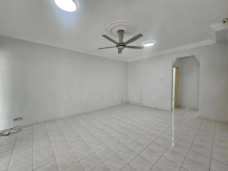 Living features: white painted walls, glossy white floor tiles, 5-blade ceiling fan with light, recessed downlights, crown moulding, doorway leading to another room, no visible furniture, large open space; style: modern.