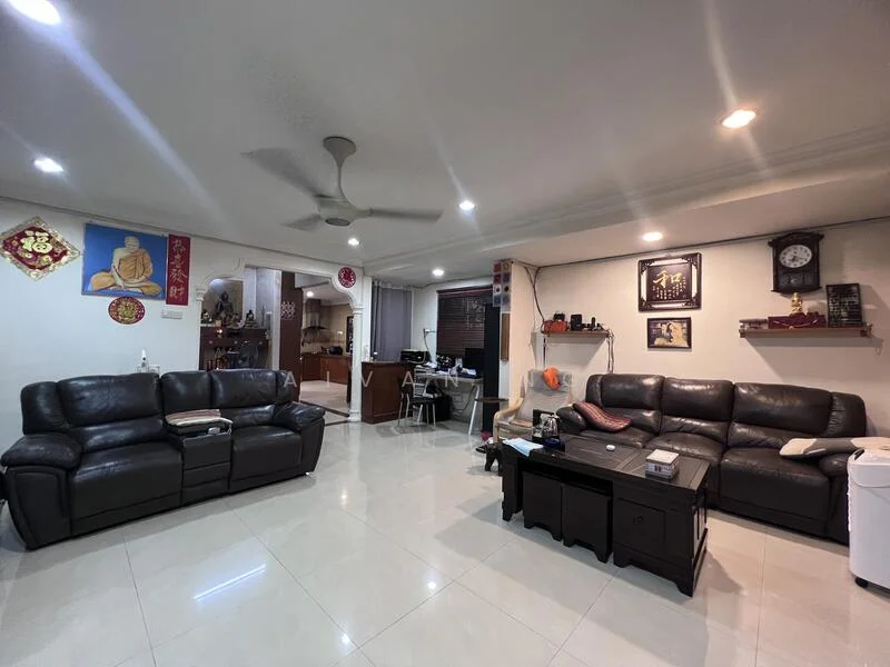 Living features: 2-seater leather sofa in black, 3-seater leather sofa in black, coffee table, wall-mounted clock, framed artwork, ceiling fan, recessed downlights, white walls, glossy tile flooring, open layout to dining area; style: contemporary.
