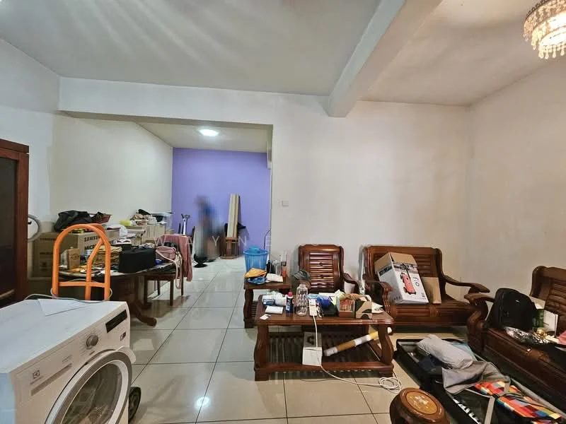 Living features: cream painted walls, white ceiling, ceramic tile flooring, chandelier, wooden armchairs, coffee table, washing machine, various items on floor, cluttered space, open layout to adjacent room. Room features: cream painted walls, white ceiling, ceramic tile flooring, various items and furniture.
