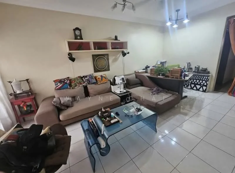 Living features: L-shape sectional sofa in beige, glass coffee table, white tiled flooring, wall-mounted shelves, decorative wall clock, framed artwork, table lamp, decorative plants, cushions with various patterns, spotlights on ceiling, curtains, wooden side table; style: modern.