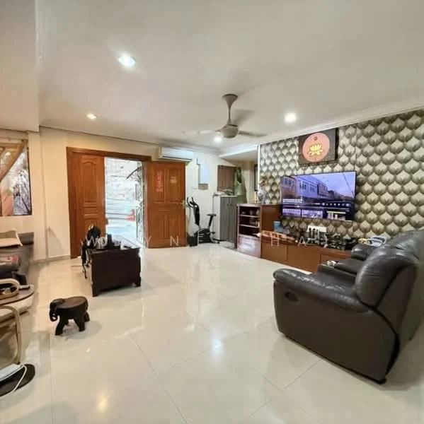 Living features: cream painted walls, grey accent wall with textured pattern, white tiled flooring, 5-blade ceiling fan with light, wall-mounted TV, entertainment unit, leather sofa in dark brown, coffee table, decorative wall art, exercise equipment, door leading to outdoor area; style: modern.