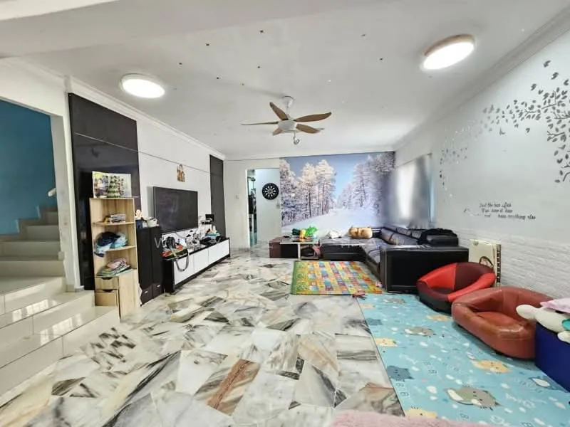 Living features: marble tile flooring, white painted walls, ceiling fan, wall-mounted TV, black leather sofa, coffee table, decorative wall mural with snowy landscape, colorful area rug, bean bag chairs, open shelving unit, staircase visible in background, clock on wall; style: modern.