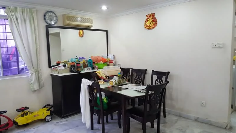 Dining features: 4-seater dining table, black wooden dining chairs, mirror on wall, white painted walls, marble flooring, recessed ceiling lights, air conditioning unit, window with sheer curtains, decorative wall clock, black sideboard, various bottles and containers on sideboard; style: modern.