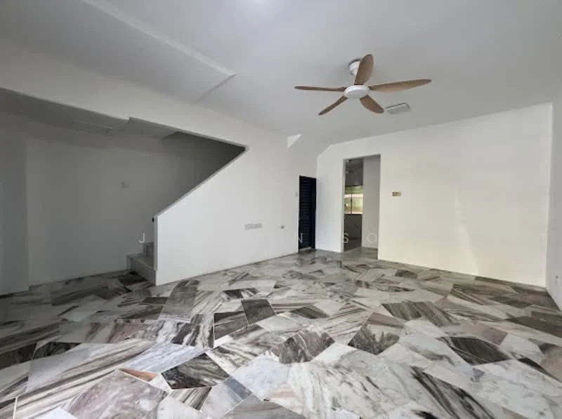Living features: marble flooring, white painted walls, 5-blade ceiling fan, large windows, staircase leading to upper floor, open layout, natural light, neutral color scheme; style: modern.