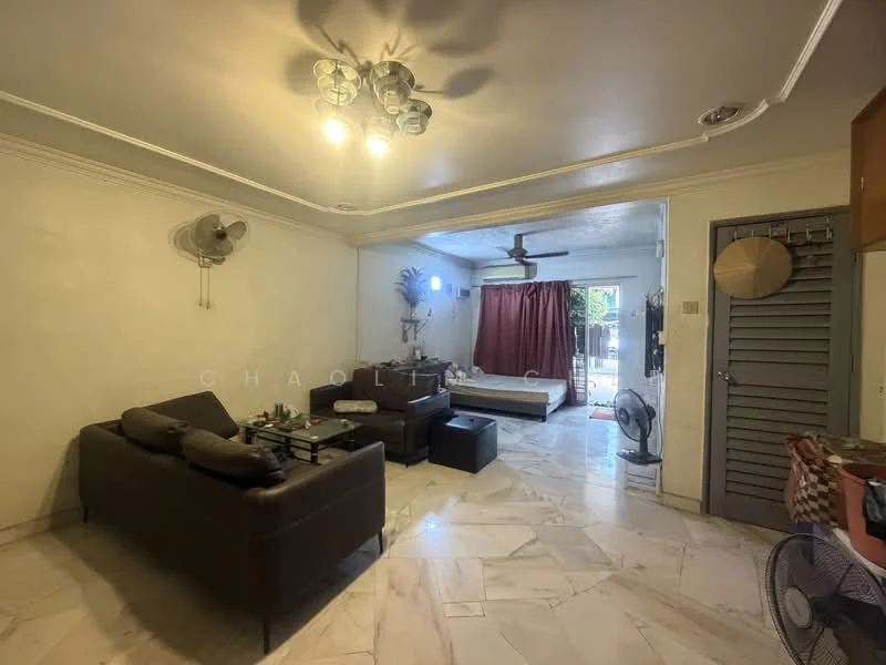 Living features: marble tile flooring, white painted walls, tray ceiling with recessed lighting, 5-blade ceiling fan, 2 wall-mounted split AC units, 3-seater leather sofa in dark brown, coffee table, TV console, curtains in dark red, floor-to-ceiling windows, sliding glass door leading to outdoor space, decorative wall mirror; style: contemporary; view: garden. Room features: single bed, wooden headboard, bedside lamp, built-in wardrobe, wall-mounted fan.