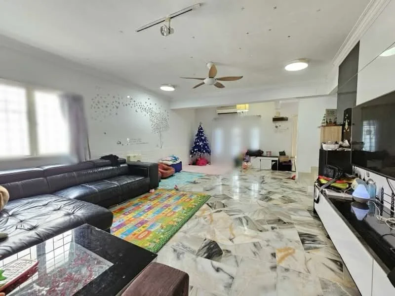 Living features: black leather sectional sofa, area rug with geometric pattern, coffee table, wall-mounted TV, entertainment unit, ceiling fan with light, recessed downlights, marble flooring, decorative wall art, Christmas tree, built-in cabinets, large windows with sheer curtains; style: modern.