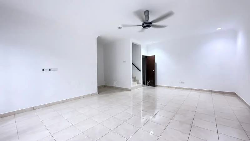 Living features: white painted walls, glossy ceramic tile flooring, 5-blade ceiling fan, recessed downlights, staircase leading to upper floor, two wall sockets, open layout, natural light from windows; style: modern.