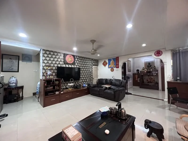 Living features: grey leather sofa, black coffee table, wall-mounted TV, decorative wall with 3D panels, recessed LED downlights, cream tiled flooring, wooden TV console, decorative artwork on walls, ceiling fan, open layout to adjacent room; style: modern.