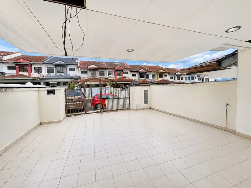 Exterior type: linked terrace house; features: tiled flooring, white painted walls, overhead lighting, gated entrance, surrounded by residential houses, open outdoor space, car porch area; style: modern.