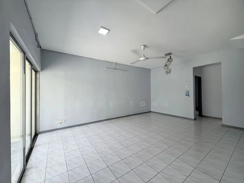 Living features: white painted walls, grey tiled flooring, 5-blade ceiling fan, recessed LED downlights, floor-to-ceiling sliding glass door, open layout, no visible furniture, neutral color scheme; style: minimalist.