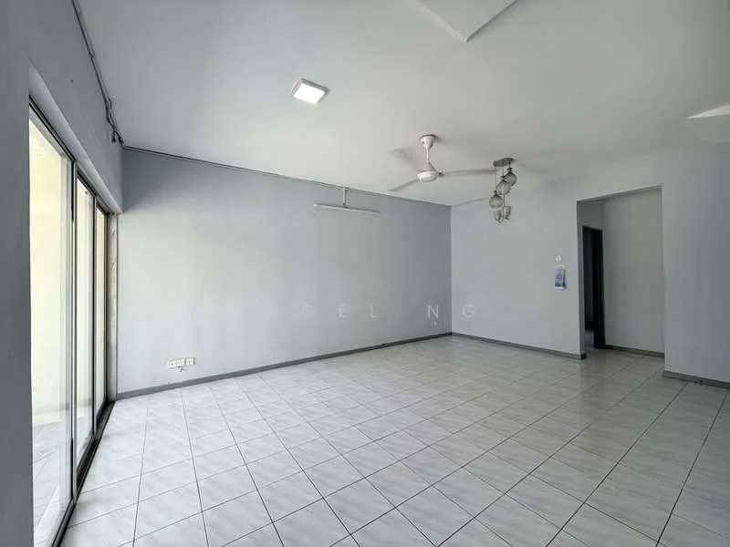 Living features: white painted walls, grey tiled flooring, 5-blade ceiling fan with light, recessed LED downlights, floor-to-ceiling sliding glass door, open layout, no visible furniture, neutral color scheme; style: minimalist.