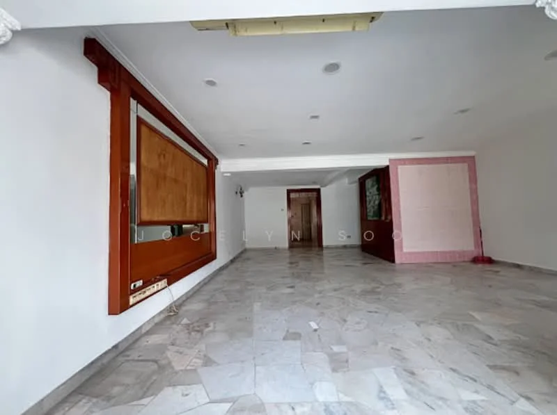 Room features: marble flooring, white painted walls, recessed downlights, wooden feature wall, open layout, large windows, doorway leading to another room, pink tiled wall section.
