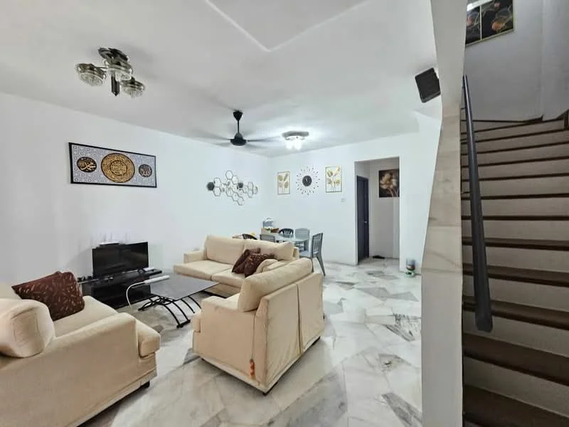 Living features: cream fabric sofa, 2-seater sofa, 3-seater sofa, black coffee table, wall-mounted TV, decorative wall art, ceiling fan with light, marble flooring, white painted walls, recessed lighting, decorative mirror, staircase with wooden steps; style: modern.