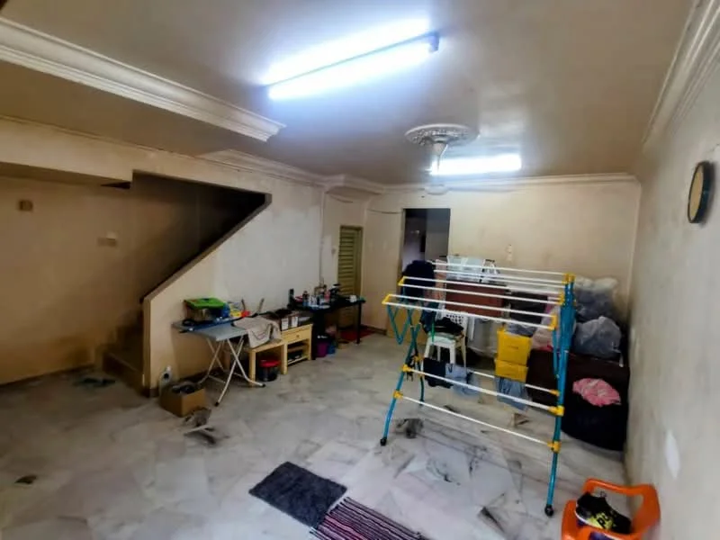 Room features: marble flooring, white painted walls, ceiling fan, recessed lighting, staircase, clothes drying rack, folding table, storage shelves, laundry basket, area rug.