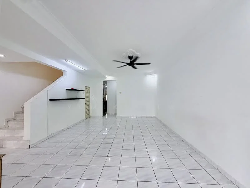 Living features: white painted walls, glossy white floor tiles, 5-blade ceiling fan with light, staircase with white railing, open layout, recessed ceiling lights, no visible furniture, large open space; style: modern.