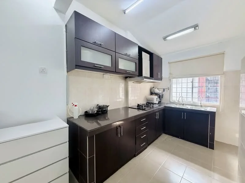 Kitchen features: dark wood cabinetry, white countertop, stainless-steel gas stove, stainless-steel range hood, single-bowl stainless-steel sink, chrome pull-down faucet, ceramic tile flooring, wall-mounted cabinets with glass doors, window with white blinds, built-in shelving unit, recessed ceiling lights; style: modern.