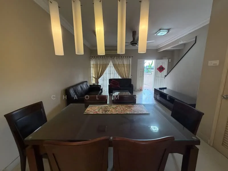 Dining features: dark wood dining table, 4 dining chairs, pendant lighting with 5 fixtures, cream painted walls, laminate flooring, floor-to-ceiling windows with sheer curtains, sofa in black leather, decorative wall with staircase, door leading outside; style: modern.