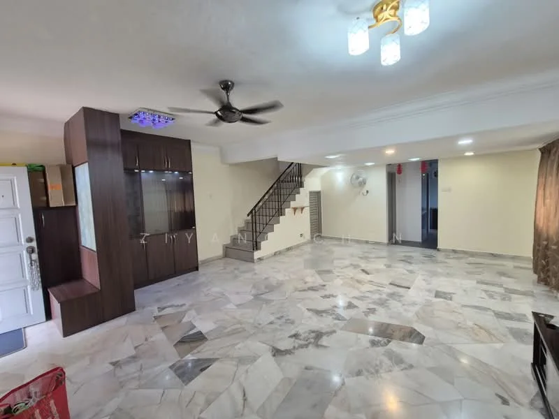 Living features: marble flooring, 5-blade ceiling fan with light, recessed downlights, large windows with sheer curtains, open layout, staircase leading to upper floor, wall-mounted air conditioning unit, built-in cabinetry with glass display, neutral wall color, decorative ceiling with crown moulding; style: modern.