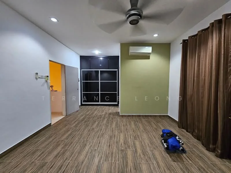 Living features: wooden flooring, green accent wall, white painted walls, 5-blade ceiling fan with light, floor-to-ceiling windows with brown curtains, air conditioning unit, built-in wardrobe with sliding doors, decorative wall light; style: modern. Room features: white painted walls, unknown flooring.