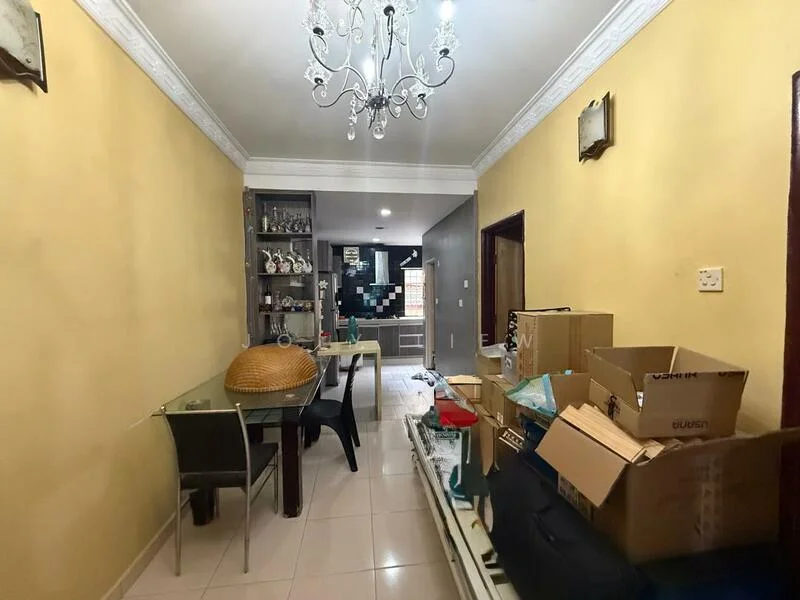 Dining features: glass dining table, black dining chairs, chandelier with multiple bulbs, cream painted walls, tile flooring, decorative wall art, display cabinet with glass shelves, boxes and packing materials on the floor; style: modern. Room features: light fixture on ceiling, open space leading to another room.