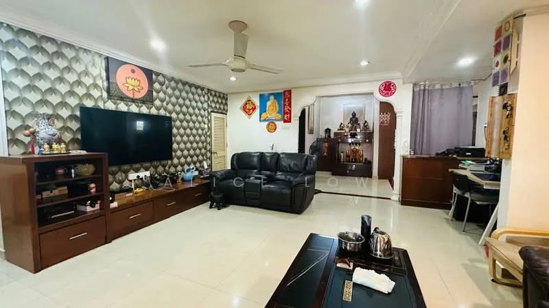 Living features: cream tiled flooring, feature wall with 3D textured panels, black leather sectional sofa, wall-mounted flat-screen TV, wooden TV console, decorative wall art, ceiling fan with light, wooden side cabinet, study desk with chair, curtains, decorative statues, recessed lighting; style: contemporary.
